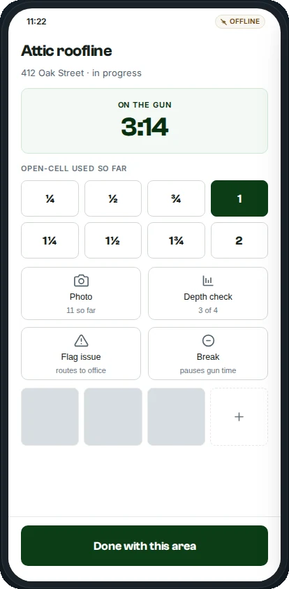 Field app spraying screen: gun timer, quarter-set picker, photo and depth check capture.