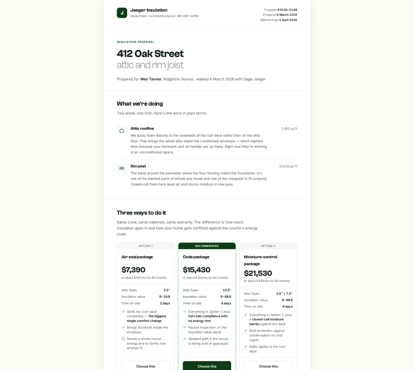 Foambid Pro customer proposal: homeowner-language document generated from the bid, with scope, options, and code path stated.