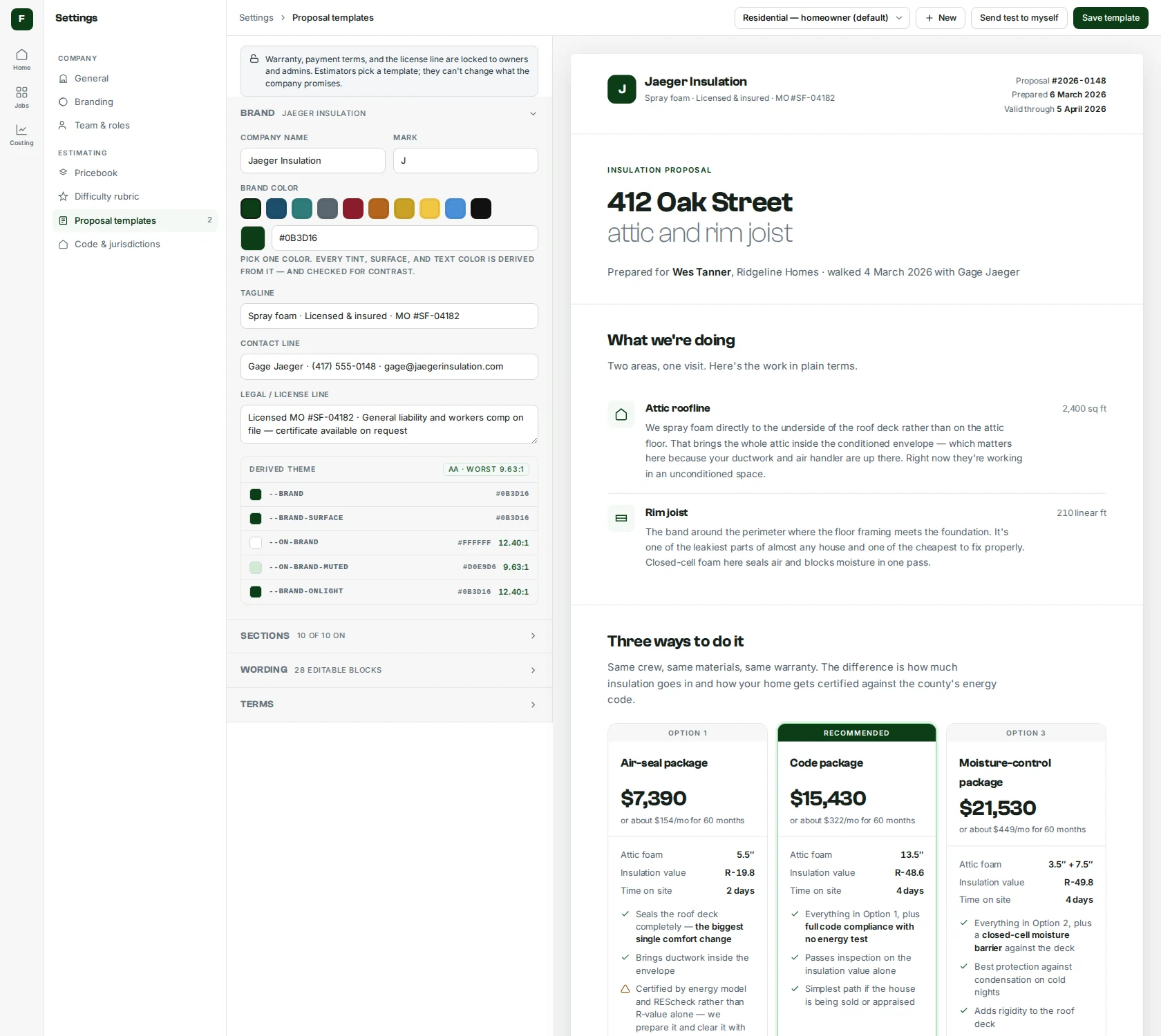 Foambid Pro proposal template editor: the customer-facing document's sections and language, editable per shop.